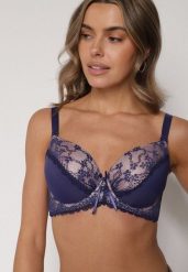 Granatowy Biustonosz Ozdobiony Cyrkoniami i Koronką Corraella. Niebieskie biustonosze Born2be, bez wzorów, z jeansu. Za 39.99 zł.