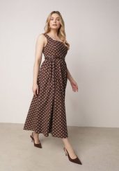Brązowa Bawełniano-Wiskozowa Sukienka Retro w Groszki o Rozkloszowanym Kroju Eviphaia. Brązowe sukienki Born2be, na co dzień, m, bez wzorów, z bawełny, klasyczne, bez kołnierzyka, bez ramiączek, maxi, rozkloszowane. Za 169.99 zł.