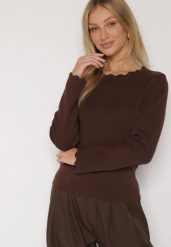 Brązowy Sweter z Wiskozą Ozdobiony Falbankami Mevita. Brązowe swetry Born2be, m, bez wzorów, z jeansu, bez ramiączek. Za 109.99 zł.