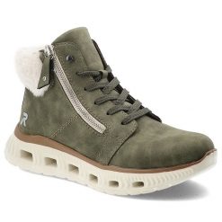 Zielone Botki Rieker Ocieplane Buty Damskie. Zielone botki Rieker, bez wzorów, bez obcasa, bez zapięcia. Za 399.00 zł.