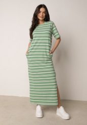 Biało-Zielona Pudełkowa Sukienka z Bawełny w Poziome Paski Diove. Białe sukienki Born2be, do pracy, l, bez wzorów, z bawełny, biznesowe, bez kołnierzyka, bez ramiączek, maxi, proste. Za 89.99 zł.