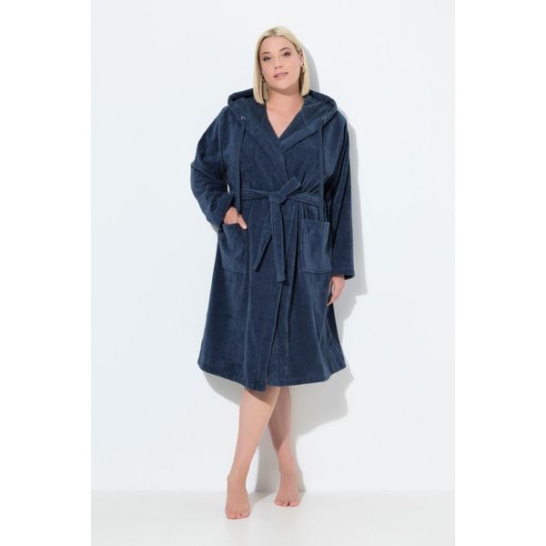 Damskie Szlafrok kaptur pasek trapezowy fason frotte. Niebieskie szlafroki Ulla Popken, plus size, bez wzorów, z bawełny, plus size, bez ramiączek, bez kaptura. Za 349.99 zł.