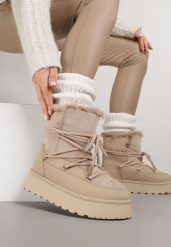 Ciemnobeżowe Śniegowce na Grubej Podeszwie z Futerkiem Alwedra. Brązowe trapery i śniegowce Born2be, z jeansu. Za 99.99 zł.