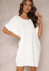 Biała Sukienka Mini o Fasonie Nietoperza z Okrągłym Dekoltem Maglia. Białe sukienki Renee, bez wzorów, bez kołnierzyka, bez ramiączek, mini. Za 49.99 zł.