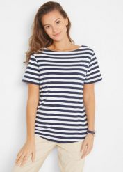 T-shirt z dekoltem łódką. Białe t-shirty bonprix, bez wzorów, bez kołnierzyka, bez ramiączek. Za 59.99 zł.