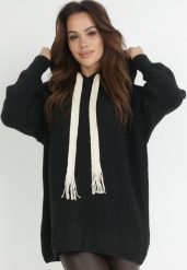 Czarny Sweter Oversize z Kapturem Ori. Czarne swetry Born2be, uniwersalny, bez wzorów, z jeansu, bez ramiączek. Za 74.99 zł.