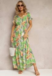Zielono-Pomarańczowa Maxi Sukienka z Wiskozy w Kwiatowy Print ze Sznurkiem w Talii Anukka. Zielone sukienki Renee, l, bez wzorów, z wiskozy, bez kołnierzyka, bez ramiączek, maxi. Za 109.99 zł.