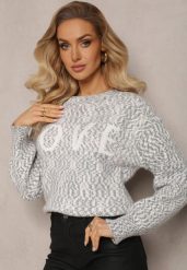 Szary Sweter z Ozdobnym Napisem Wykończony Ściągaczami Minisoji. Szare swetry Renee, l, bez wzorów, z elastanu, bez ramiączek. Za 89.99 zł.