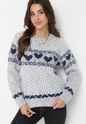 Szary Dzianinowy Sweter w Serca Ritavem. Szare swetry Born2be, l, bez wzorów, z dzianiny, bez ramiączek. Za 59.99 zł.