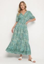 Zielona Bawełniana Sukienka o Rozkloszowanym Kroju we Wzór Paisley Folurelle. Zielone sukienki Born2be, na spotkanie biznesowe, l, bez wzorów, z bawełny, eleganckie, bez kołnierzyka, bez ramiączek, maxi, rozkloszowane. Za 49.99 zł.