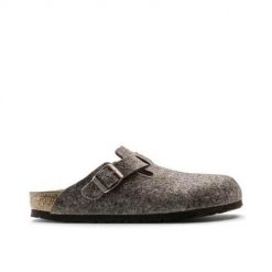Klapki damskie Birkenstock Boston. Szare klapki Birkenstock, bez wzorów, z materiału, bez obcasa. Za 715.00 zł.
