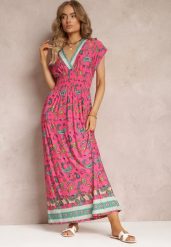 Różowa Rozkloszowana Sukienka Maxi z Printem Paisley z Gumką w Pasie Zoenia. Czerwone sukienki Renee, na lato, l, bez wzorów, bez kołnierzyka, bez ramiączek, maxi, rozkloszowane. Za 44.99 zł.