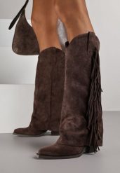 Ciemnobrązowe Kozaki Kowbojki na Obcasie z Wywiniętą Cholewką z Frędzlami Monasatia. Brązowe kozaki Born2be, z dzianiny, bez obcasa, na obcasie, bez zapięcia. Za 179.99 zł.