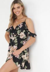 Czarna Rozkloszowana Sukienka Mini z Falbankami Soulis. Czarne sukienki Born2be, l, bez wzorów, bez kołnierzyka, bez ramiączek, mini, kopertowe. Za 84.99 zł.