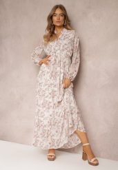 Biała Sukienka Maxi w Kwiaty ze Sznurkiem w Pasie Marili. Białe sukienki Renee, l, z aplikacjami, bez kołnierzyka, bez ramiączek, maxi, rozkloszowane. Za 119.99 zł.