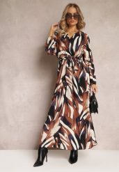 Brązowo-Zielona Rozkloszowana Sukienka Maxi z Gumką w Pasie Montaga. Brązowe sukienki Renee, l, z aplikacjami, z materiału, bez kołnierzyka, bez ramiączek, maxi, kopertowe. Za 79.99 zł.