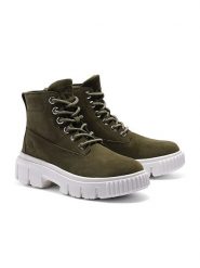 Timberland Skórzane botki "Greyfield" w kolorze khaki rozmiar: 40. Brązowe botki Timberland, bez wzorów, ze skóry, bez obcasa, bez zapięcia. Za 298.75 zł.