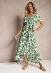 Zielona Rozkloszowana Sukienka z Wiskozy z Gumką w Pasie i Materiałowym Paskiem Vikllia. Zielone sukienki Renee, na lato, l, bez wzorów, z materiału, eleganckie, bez kołnierzyka, bez ramiączek, maxi, dopasowane. Za 79.99 zł.