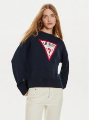 Guess Jeans Sweter W4BR12 Z3HM1 Granatowy Regular Fit. Niebieskie swetry Guess Jeans, xs, z aplikacjami, z bawełny, bez ramiączek. Za 199.99 zł.