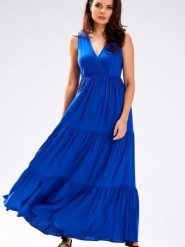 Sukienka Model A581 Blue - awama. Niebieskie sukienki Awama, na lato, l, z aplikacjami, z bawełny, bez kołnierzyka, bez ramiączek. Za 412.33 zł.