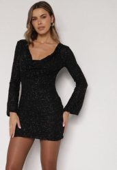 Czarna Fakturowana Sukienka o Dopasowanym Kroju z Dekoltem Woda Silwedina. Czarne sukienki Born2be, na imprezę, m, bez wzorów, bez kołnierzyka, bez ramiączek, dopasowane. Za 179.99 zł.