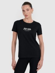 4F T-shirt regular z nadrukiem damski - czarny XS. Czarne t-shirty 4f, uniwersalny, bez wzorów, z bawełny, bez kołnierzyka, bez ramiączek. Za 59.99 zł.