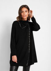 Długi sweter rozpinany z ćwiekami. Czarne kardigany bonprix, bez wzorów. Za 169.99 zł.