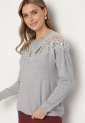 Szary Sweter z Wiskozą Cekinami i Koralikami Nevalanna. Szare swetry Born2be, m, bez wzorów, z jeansu, bez ramiączek. Za 84.99 zł.