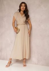 Beżowa Sukienka Kopertowa Appephone. Brązowe sukienki Renee, l, bez wzorów, z tkaniny, glamour, bez kołnierzyka, bez ramiączek, maxi, dopasowane. Za 99.99 zł.