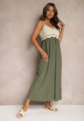 Ciemnozielona Sukienka na Ramiączkach o Rozkloszowanym Kroju Quemvia. Zielone sukienki Renee, na co dzień, z aplikacjami, glamour, bez kołnierzyka, bez ramiączek, maxi, rozkloszowane. Za 99.99 zł.
