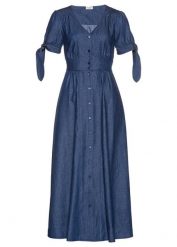 Sukienka jeansowa. Niebieskie sukienki bonprix, na lato, bez wzorów, z jeansu, bez kołnierzyka, bez ramiączek. Za 147.99 zł.