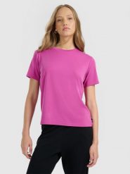 4F T-shirt z prążkowanej dzianiny z modalem damski - różowy M. Czerwone t-shirty 4f, m, bez wzorów, z dzianiny, bez kołnierzyka, bez ramiączek. Za 79.99 zł.
