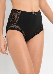 Figi z wysoką talią z delikatną koronką. Czarne figi bonprix, s, z aplikacjami, z koronki. Za 42.99 zł.