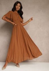 Brązowa Rozkloszowana Sukienka z Kopertowym Dekoltem Obillis. Brązowe sukienki Renee, na imprezę, uniwersalny, bez wzorów, eleganckie, bez kołnierzyka, bez ramiączek, maxi, kopertowe. Za 99.99 zł.