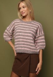 Brązowy Sweter z Wełną i Bufiastymi Rękawami w Paski Kaonne. Brązowe swetry Born2be, bez wzorów, z jeansu, bez ramiączek. Za 129.99 zł.
