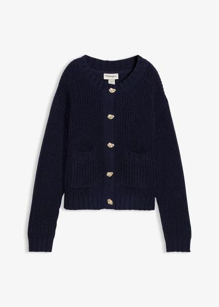 Gruby sweter z ozdobnymi guzikami. Niebieskie swetry bonprix, bez wzorów, bez ramiączek. Za 137.99 zł.