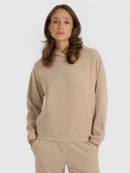 4F Bluza dresowa nierozpinana z kapturem damska - beżowa S. Brązowe bluzy 4f, s, bez wzorów, z dresówki, z kapturem. Za 159.99 zł.