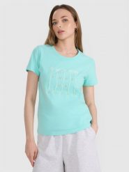 4F T-shirt regular z nadrukiem damski - turkusowy XXL. Niebieskie t-shirty 4f, xs, bez wzorów, z bawełny, bez kołnierzyka, bez ramiączek. W wyprzedaży za 39.99 zł.
