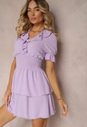 Fioletowa Rozkloszowana Sukienka z Gumką w Talii i Ozdobnymi Falbankami przy Dekolcie Arcidia. Fioletowe sukienki Renee, na imprezę, bez wzorów, z jeansu, boho, bez kołnierzyka, bez ramiączek, mini, oversize. Za 79.99 zł.