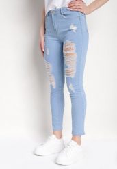 Niebieskie Skinny Jeansy z Wysokim Stanem i Dziurami Lainera. Niebieskie jeansy Born2be, l, bez wzorów, z podwyższonym stanem. Za 54.99 zł.