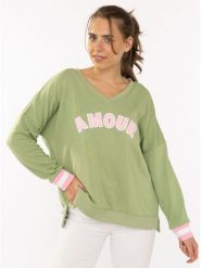 Zwillingsherz Sweter "Amour" w kolorze zielono-jasnoróżowym rozmiar: L/XL. Różowe swetry Zwillingsherz, l, bez wzorów, bez ramiączek. Za 201.08 zł.