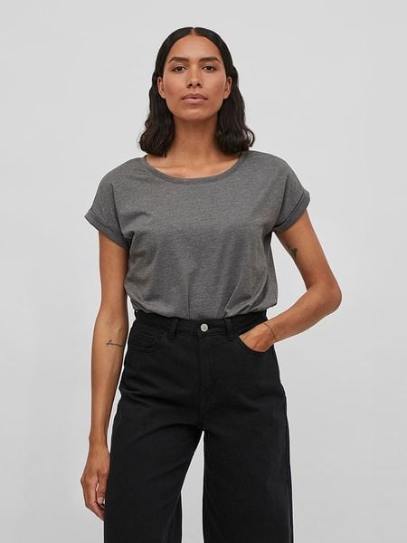 Vila Koszulka w kolorze szarym rozmiar: L. Szare bluzki Vila, l, bez wzorów, z bawełny, bez kołnierzyka, bez ramiączek. Za 48.28 zł.