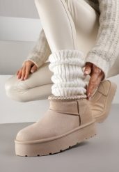 Ciemnobeżowe Śniegowce na Platformie z Haftem przy Cholewce Sewnera. Brązowe trapery i śniegowce Renee, z dzianiny. Za 69.99 zł.