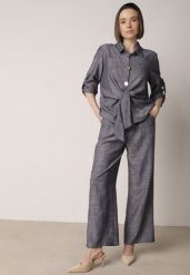 Niebieski Komplet z Lnem i Wiskozą Szerokie Spodnie i Koszula z Wiązaniem Ravilith. Niebieskie koszule Born2be, l, bez wzorów, z bawełny, bez kołnierzyka, bez ramiączek. Za 219.99 zł.