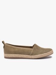 Oliwkowe espadryle ze skóry welurowej. Zielone espadryle Ryłko, bez wzorów, z gumy, bez obcasa, na płaskiej podeszwie, bez zapięcia. Za 379.99 zł.