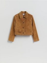 Skórzana marynarka - bursztynowy. Pomarańczowe marynarki i żakiety Reserved, l, bez wzorów, ze skóry. Za 559.99 zł.