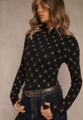 Czarna Bluzka Longsleeve Półgolf z Bawełny Ozdobiona Geometrycznym Nadrukiem Zantila. Czarne bluzki Renee, l, bez wzorów, z bawełny, eleganckie, bez kołnierzyka, bez ramiączek. Za 49.99 zł.