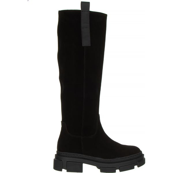 Kozaki Bayla-159 4405 003-P Czarny Welur 159077, Skóra naturalna - 38. Czarne kozaki Bayla, z gumy, przed kolano, bez obcasa, na płaskiej podeszwie, bez zapięcia. W wyprzedaży za 269.10 zł.