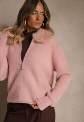 Różowy Zasuwany Kardigan z Wełną z Futerkowym Kołnierzem Asiste. Czerwone kardigany Renee, s, z aplikacjami, z wełny. Za 119.99 zł.