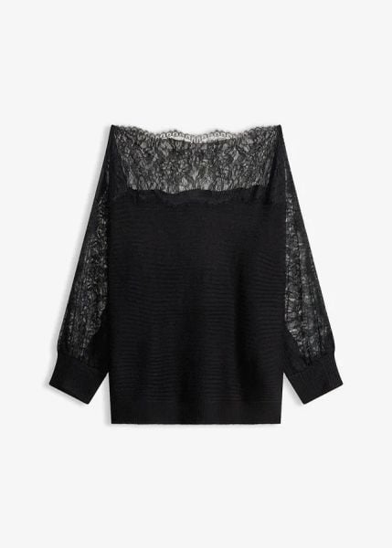 Letni sweter z dzianiny, z koronką. Białe swetry bonprix, na lato, bez wzorów, z dzianiny, bez ramiączek. Za 47.99 zł.